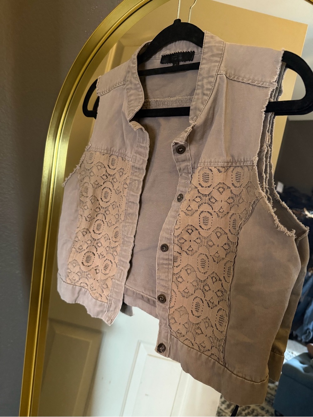 BKE Lace-Panel Sleeveless Denim Vest - Light Taupe